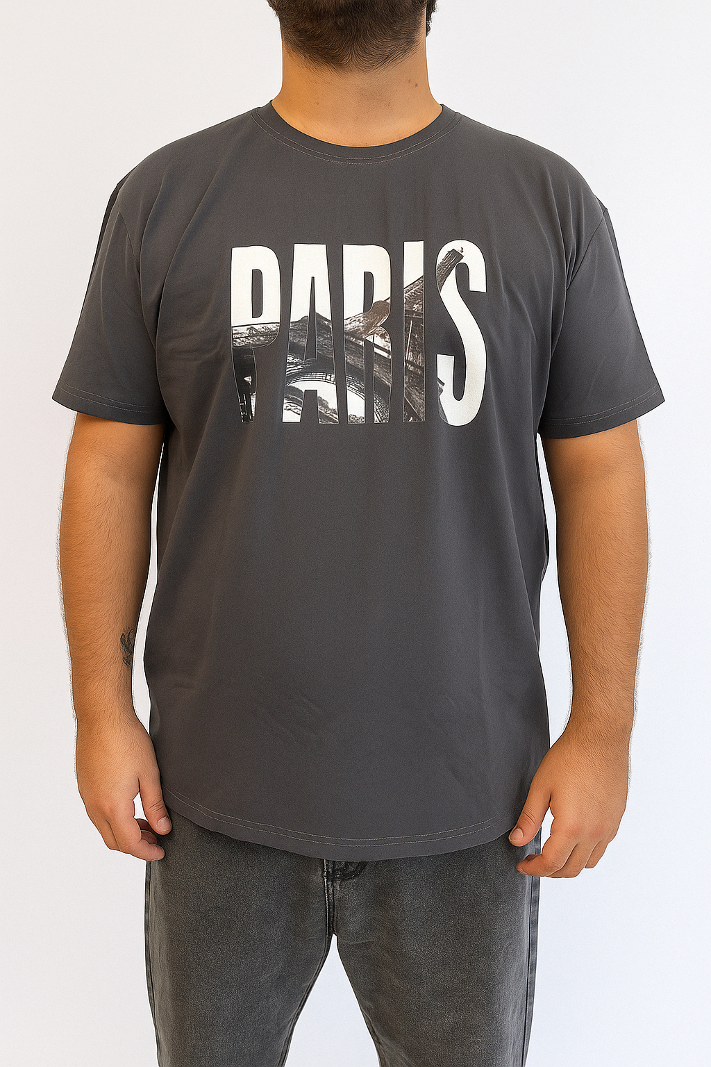T-Shirt in Cotone Grigia Stampa Paris