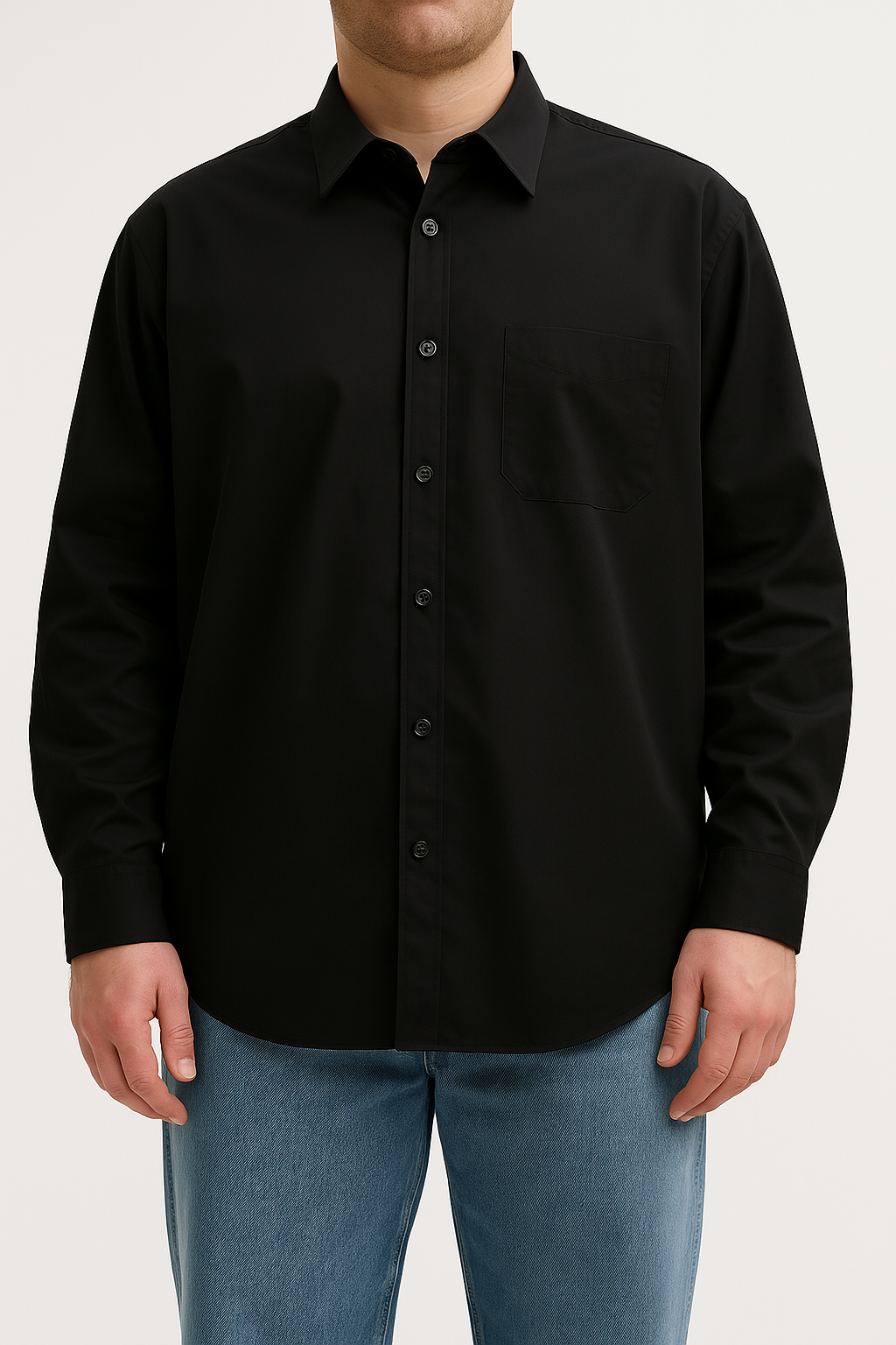 Camicia Nera Regular Fit Collo Mezzo Francese con Taschino